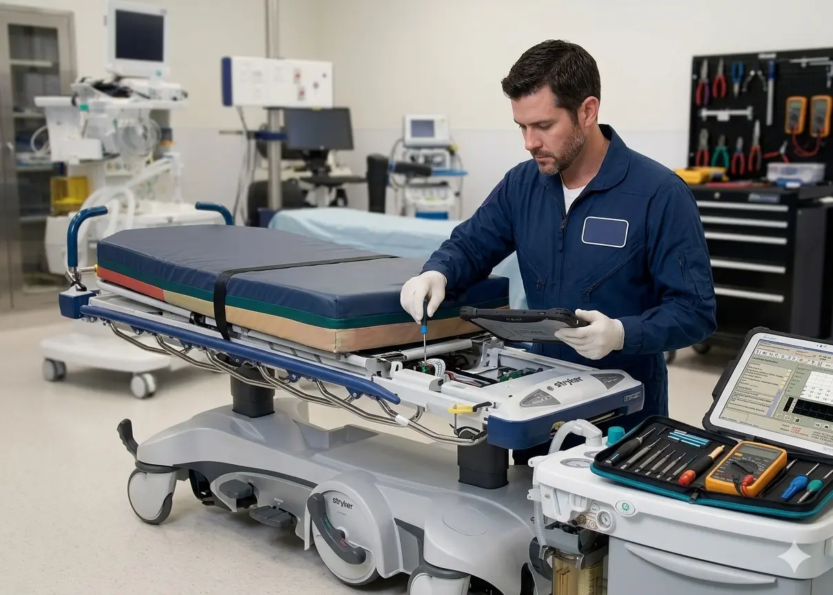 Mart Medical biomedical technician performing stretcher repair service